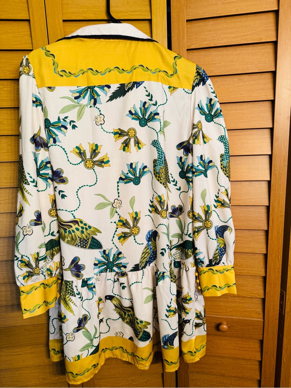 Bohemian Peacock Bird Print, Long Sleeve Mini Dress, Lapel Collar, XL - Picture 6 of 7